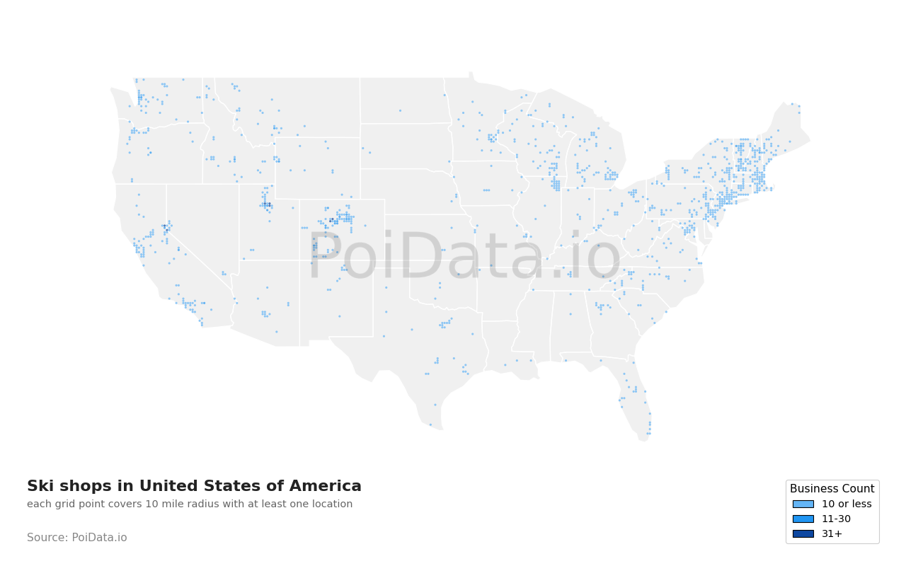 Ski shop density map for United States