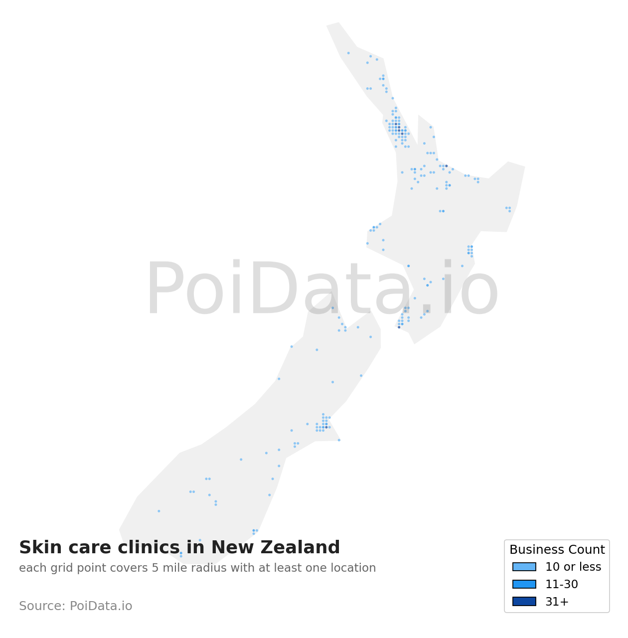 Skin care clinic density map for New Zealand