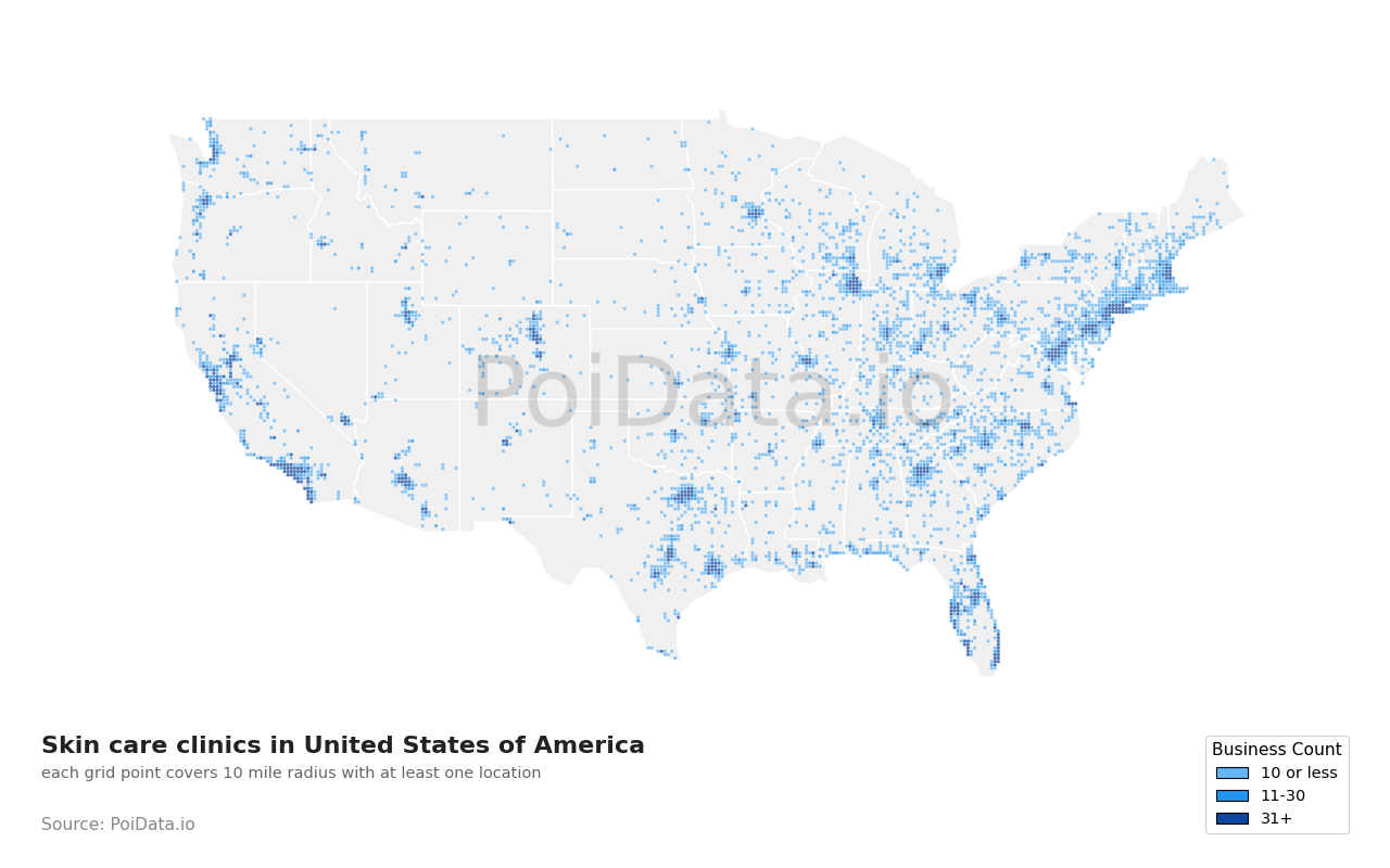 Skin care clinic density map for United States