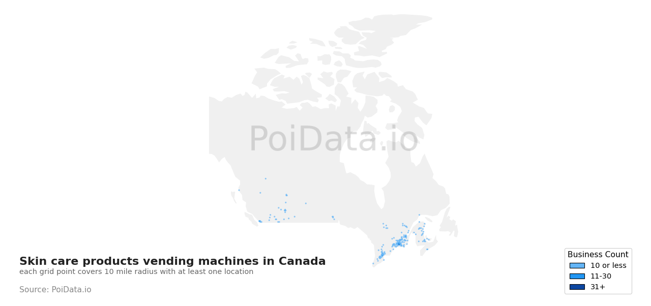 Skin care products vending machine density map for Canada