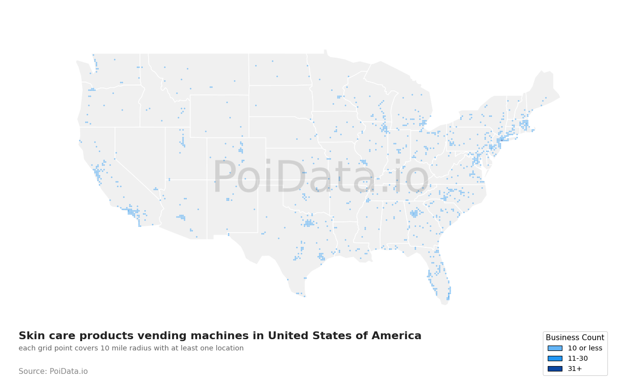 Skin care products vending machine density map for United States