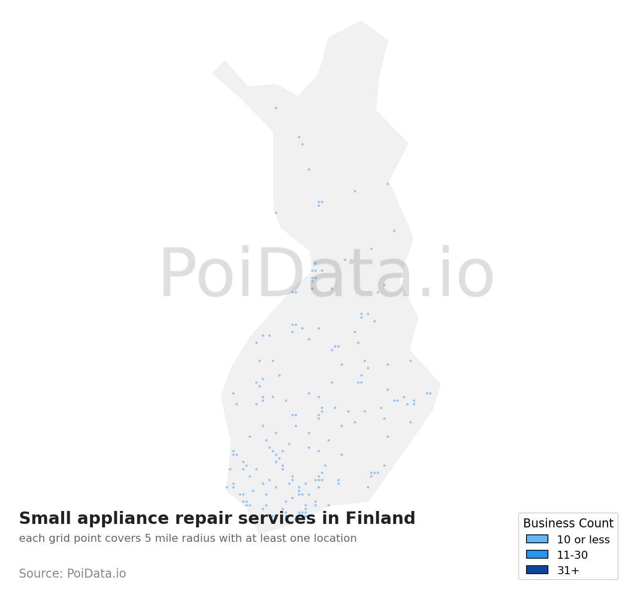Small appliance repair service density map for Finland