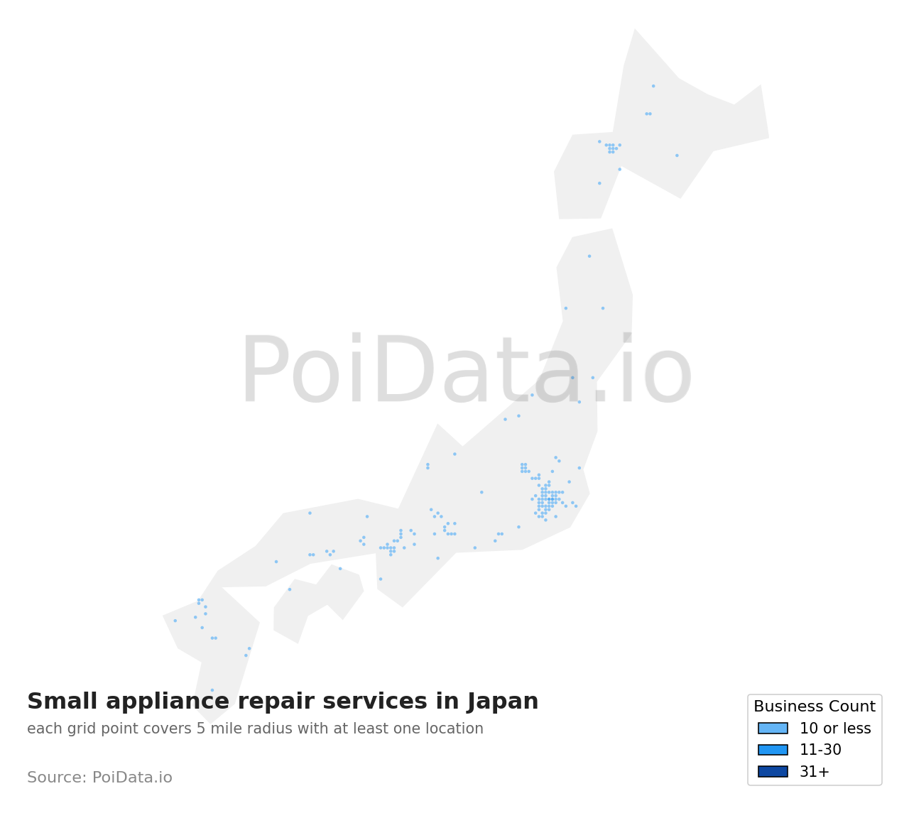 Small appliance repair service density map for Hokkaido, Japan