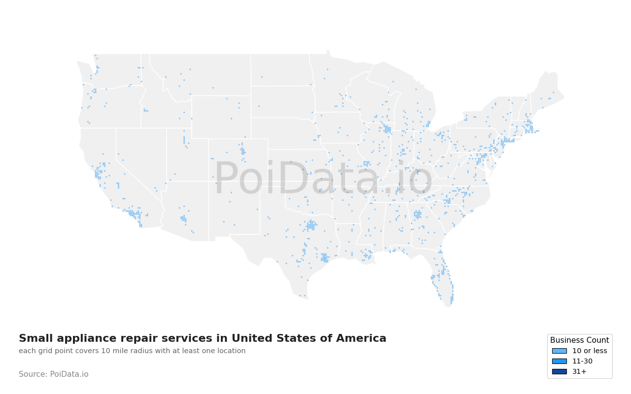 Small appliance repair service density map for Virginia, United States