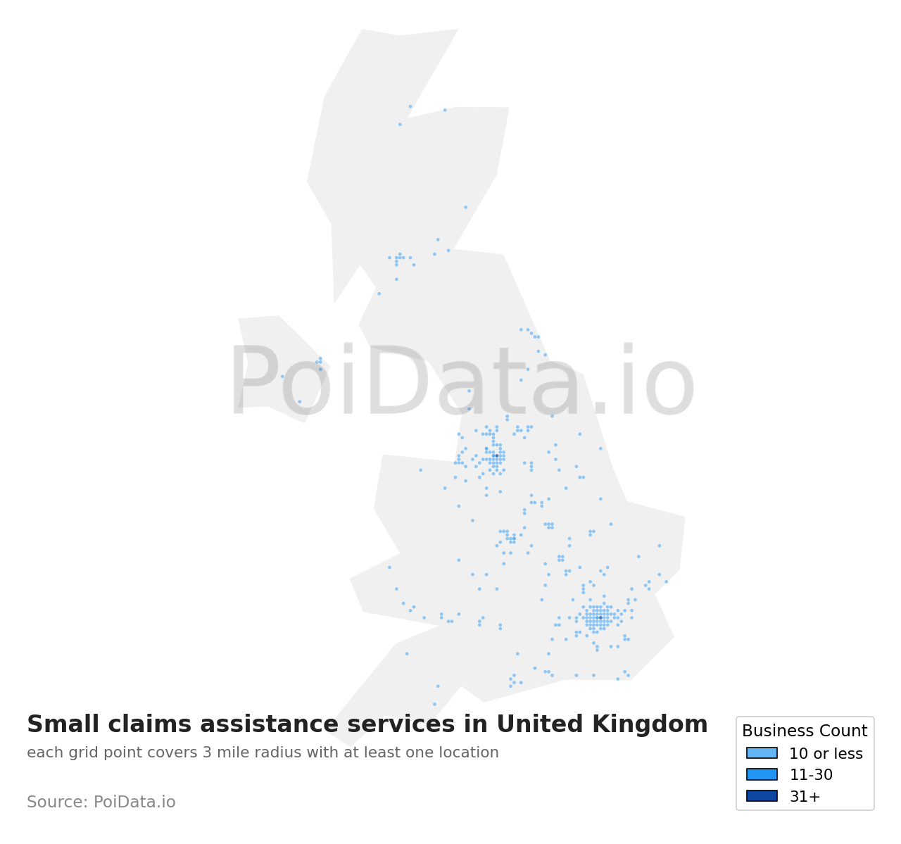 Small claims assistance service density map for United Kingdom