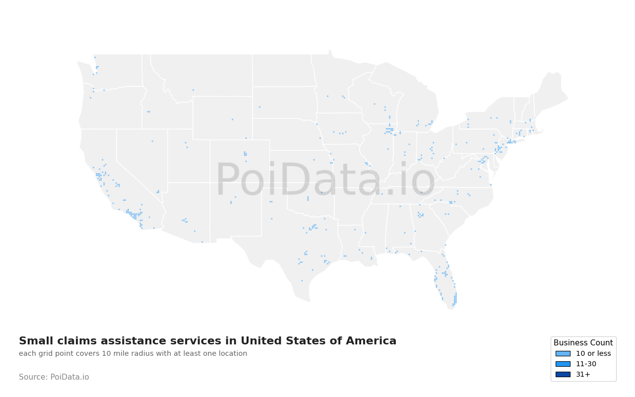 Small claims assistance service density map for Florida, United States