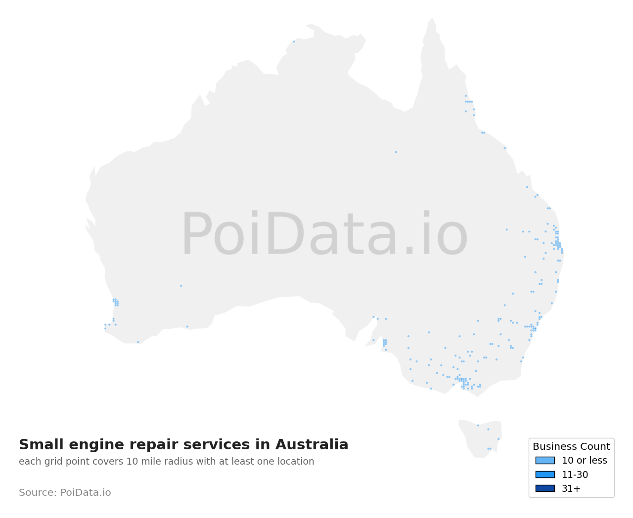 Small engine repair service density map for Australia