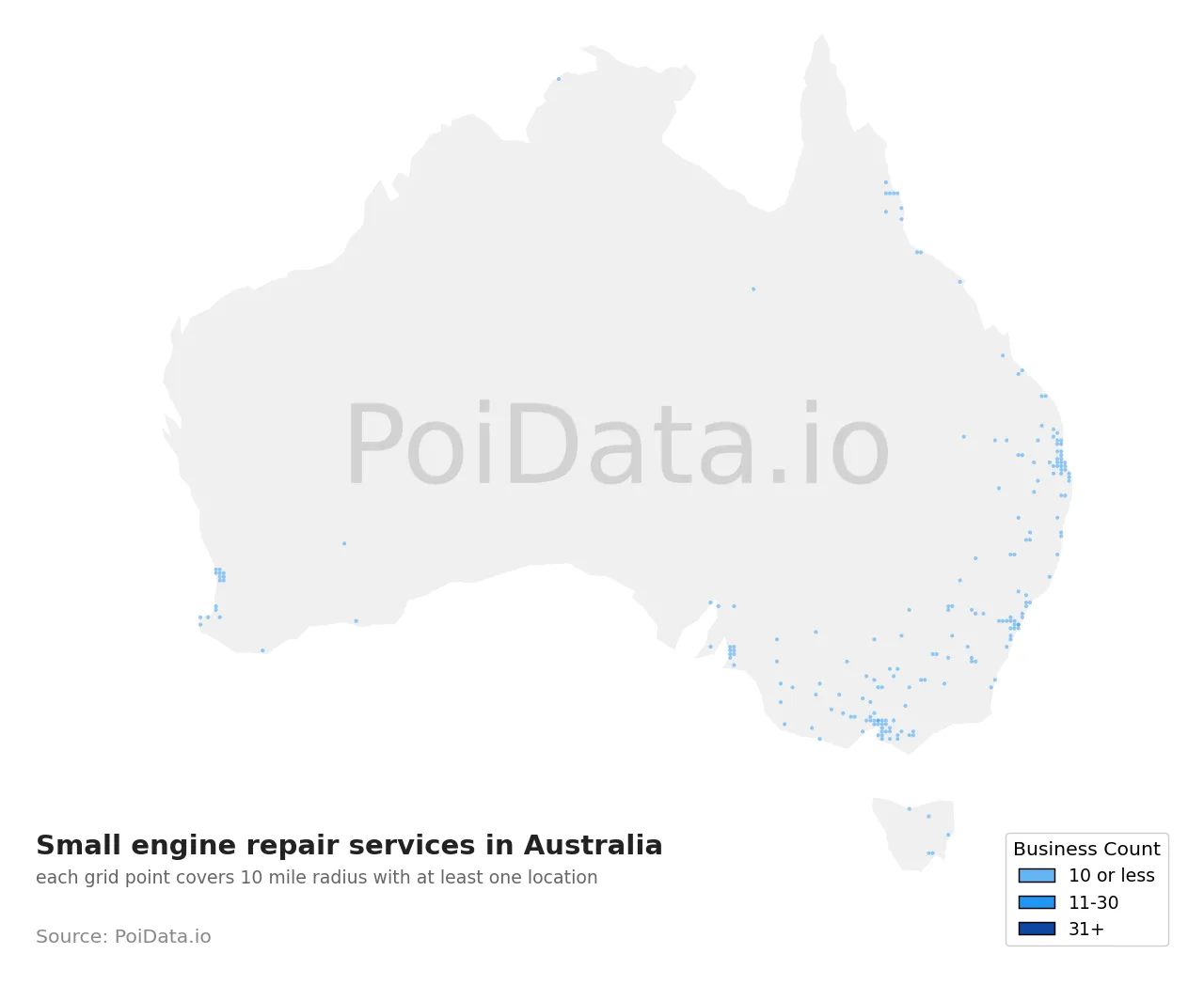 Small engine repair service density map for Australia