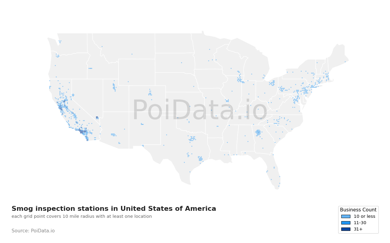 Smog inspection station density map for United States