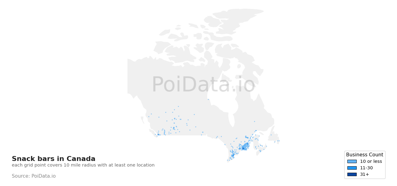 Snack bar density map for Quebec, Canada
