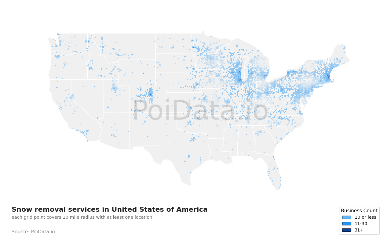 Snow removal service density map for Massachusetts, United States