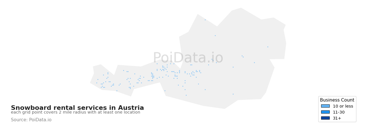 Snowboard rental service density map for Austria