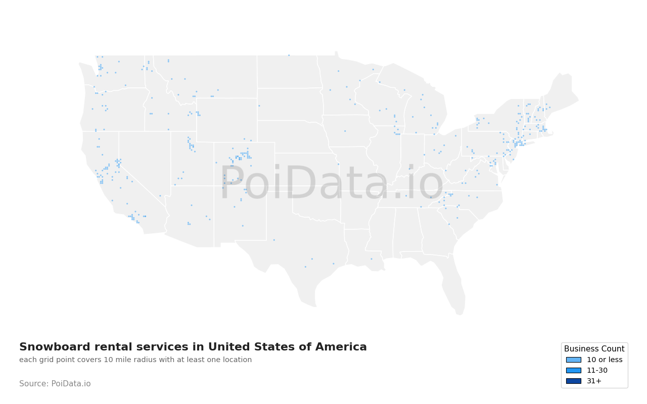 Snowboard rental service density map for United States