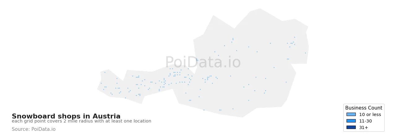 Snowboard shop density map for Austria