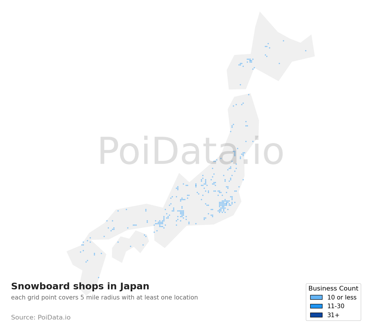 Snowboard shop density map for Hokkaido, Japan
