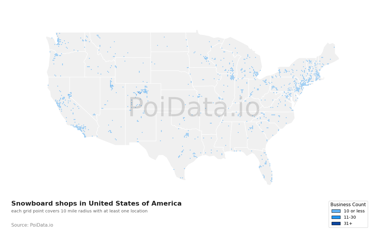 Snowboard shop density map for United States