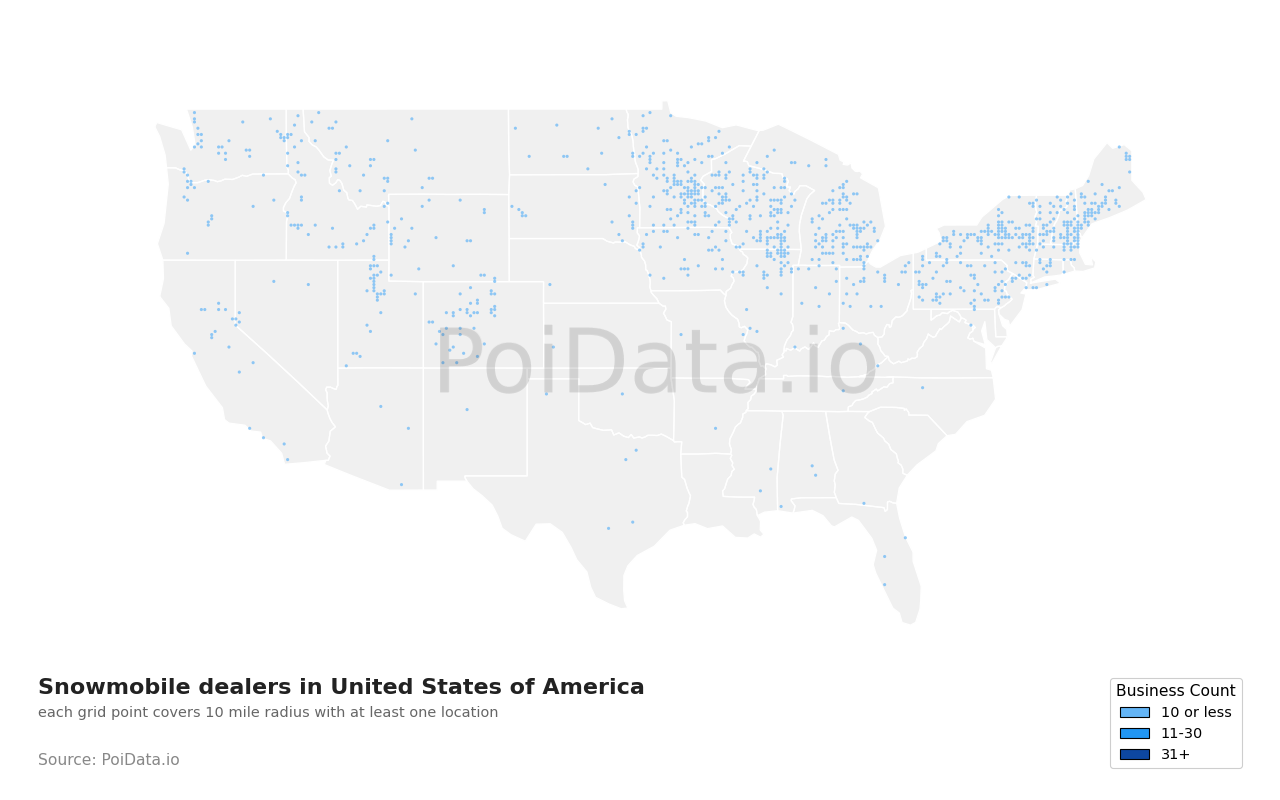Snowmobile dealer density map for Michigan, United States
