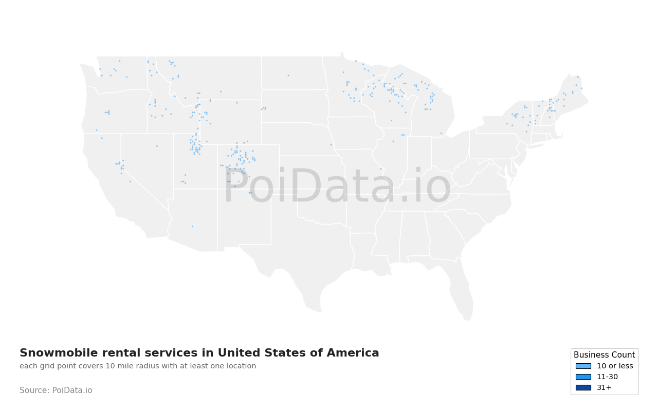 Snowmobile rental service density map for Michigan, United States