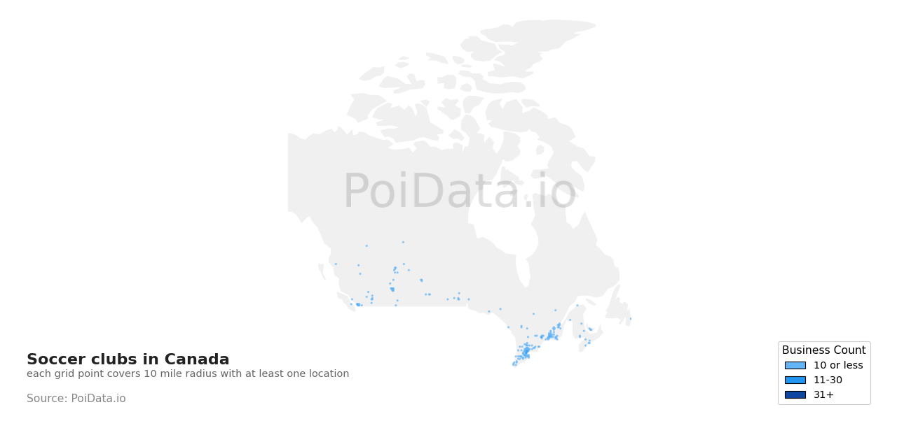 Soccer club density map for British Columbia, Canada