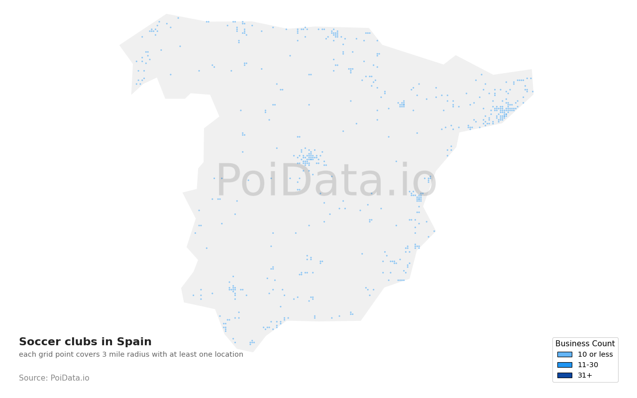 Soccer club density map for Spain