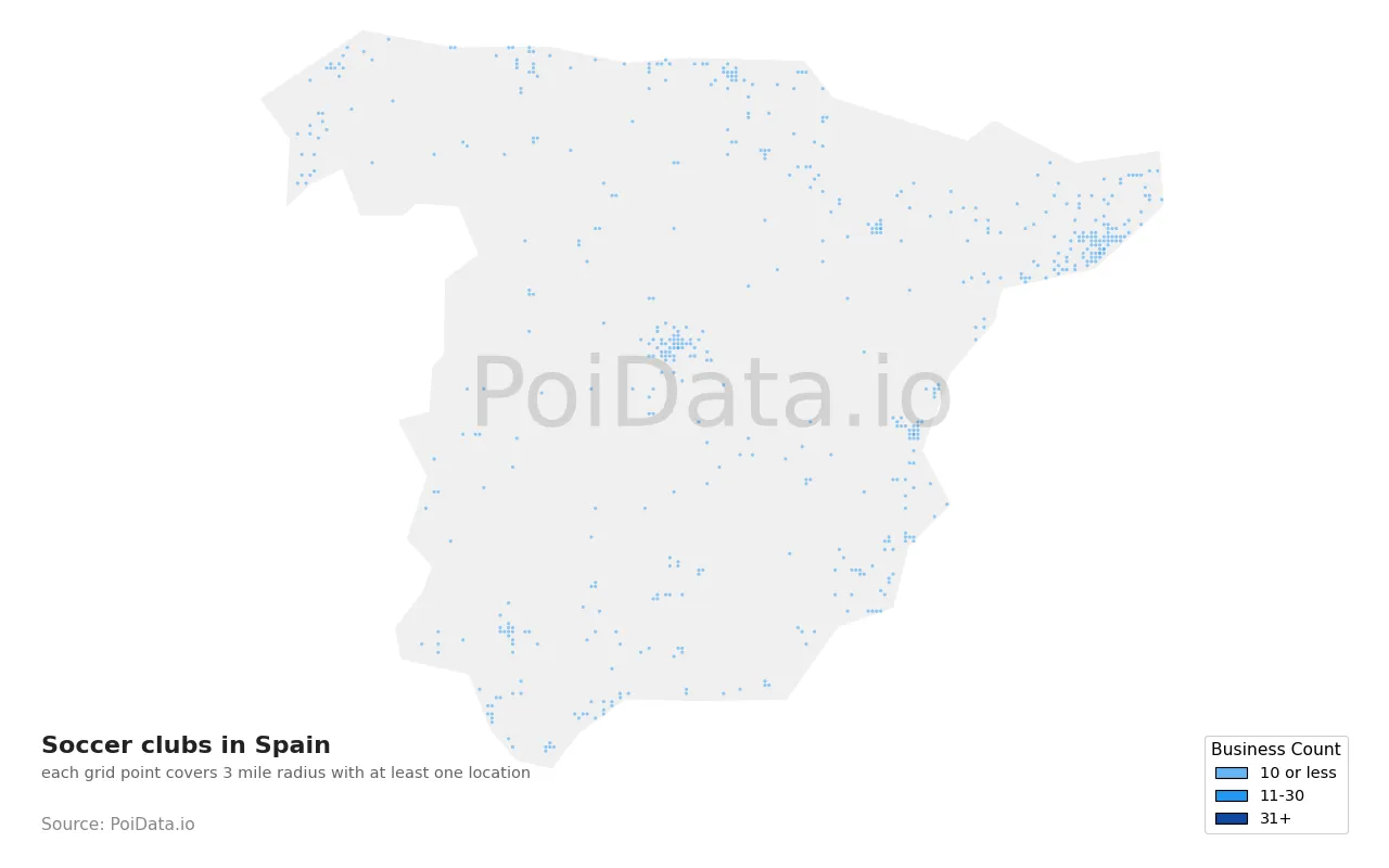 Soccer club density map for Spain