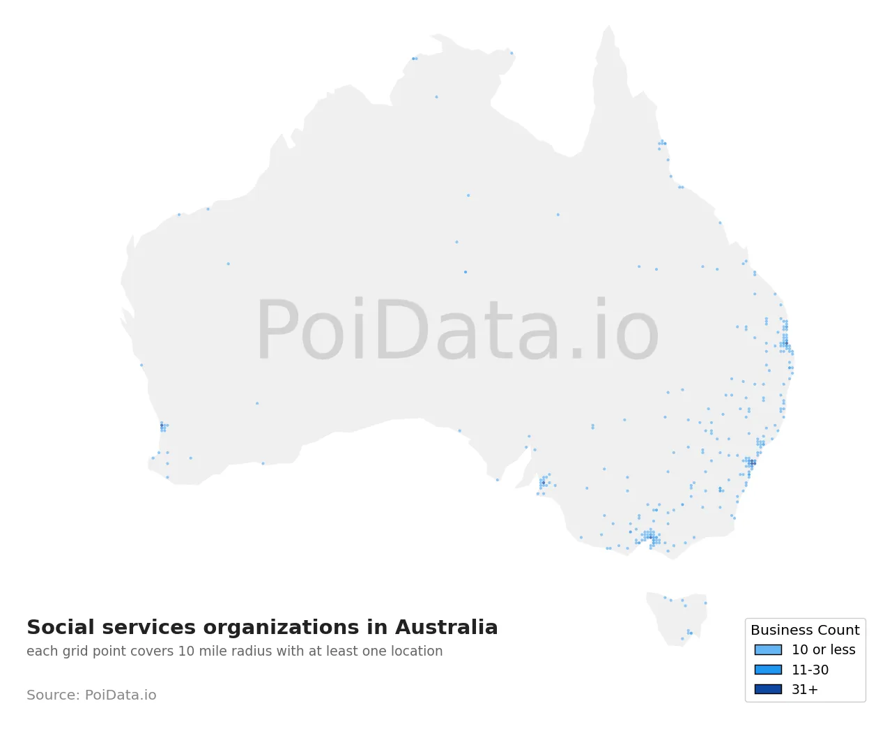 Social services organization density map for Australia