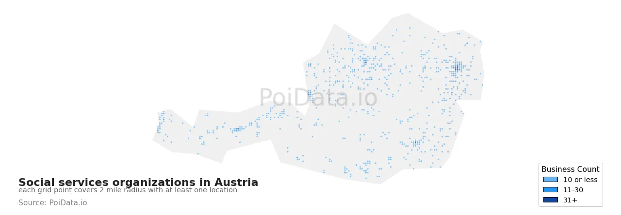 Social services organization density map for Austria