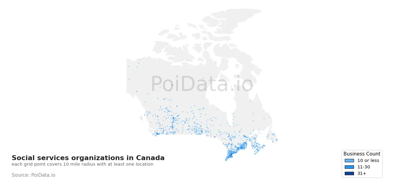 Social services organization density map for Canada