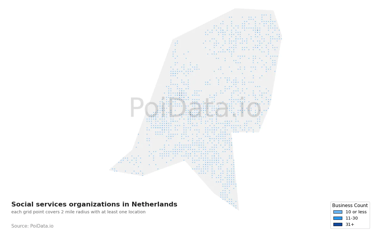 Social services organization density map for Netherlands