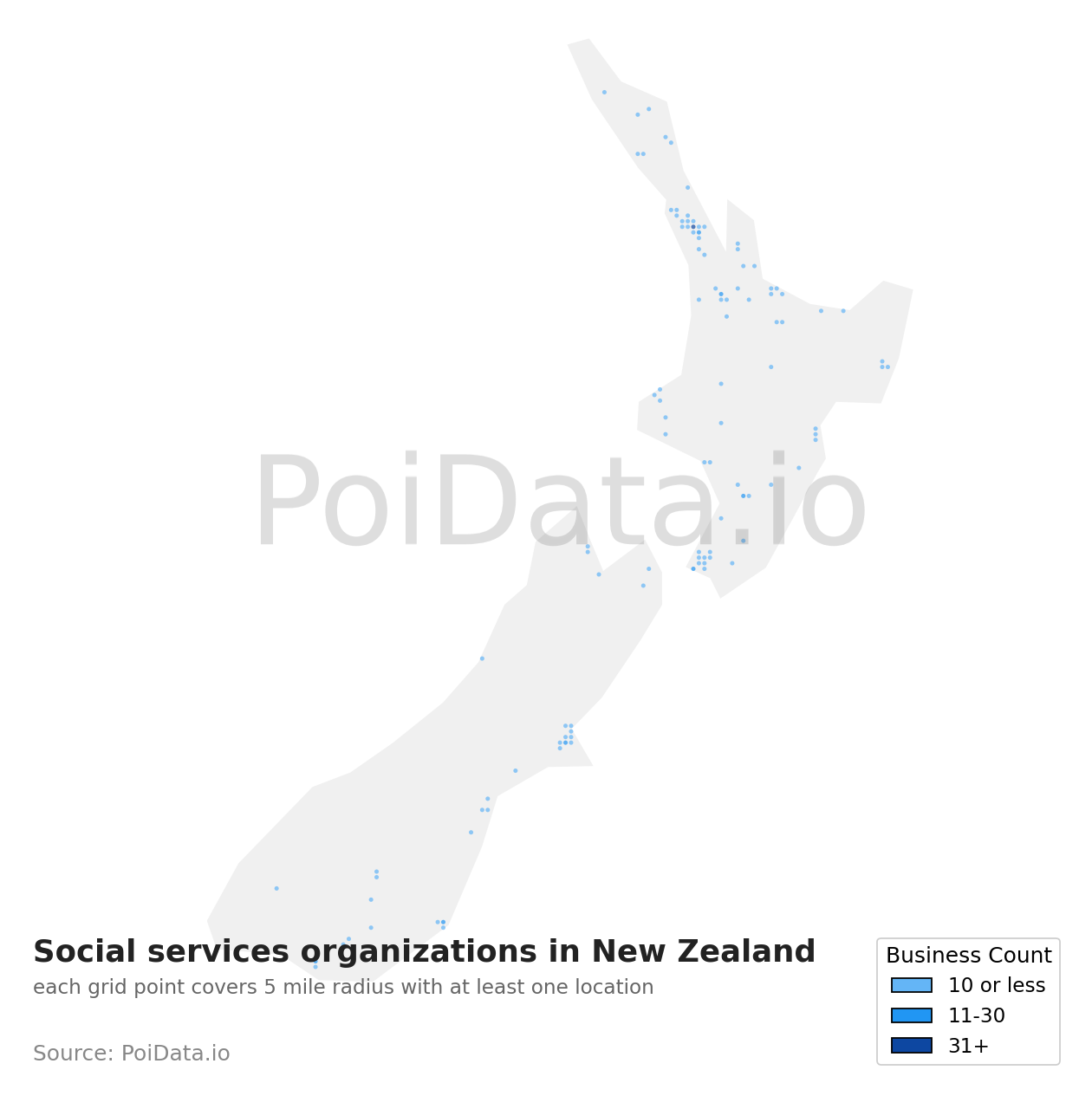 Social services organization density map for New Zealand