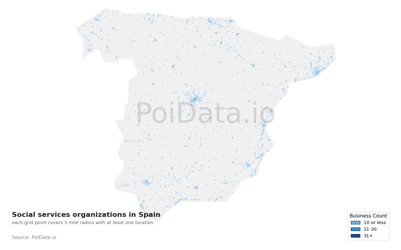 Social services organization density map for Spain