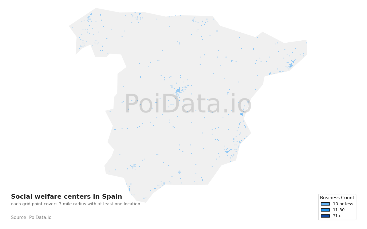 Social welfare center density map for Spain