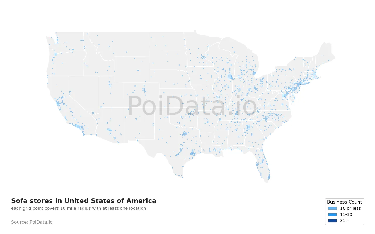 Sofa store density map for United States