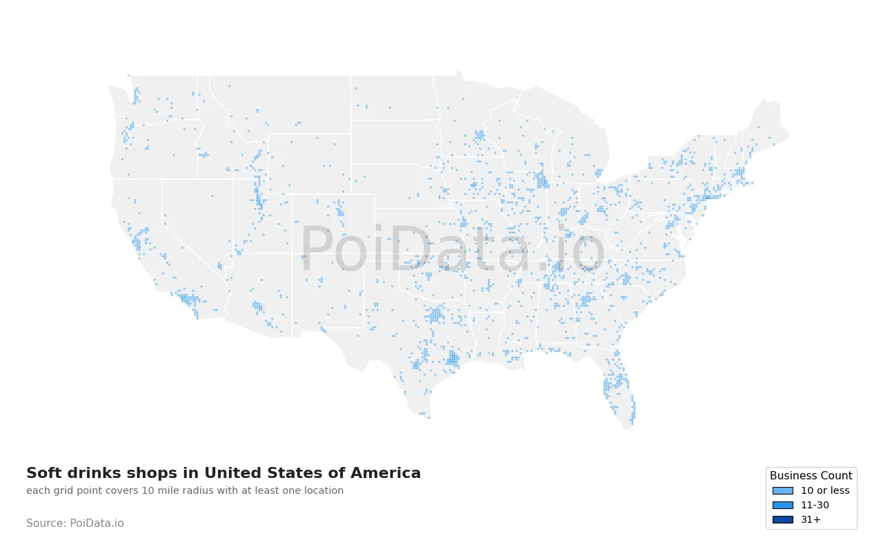 Soft drinks shop density map for United States