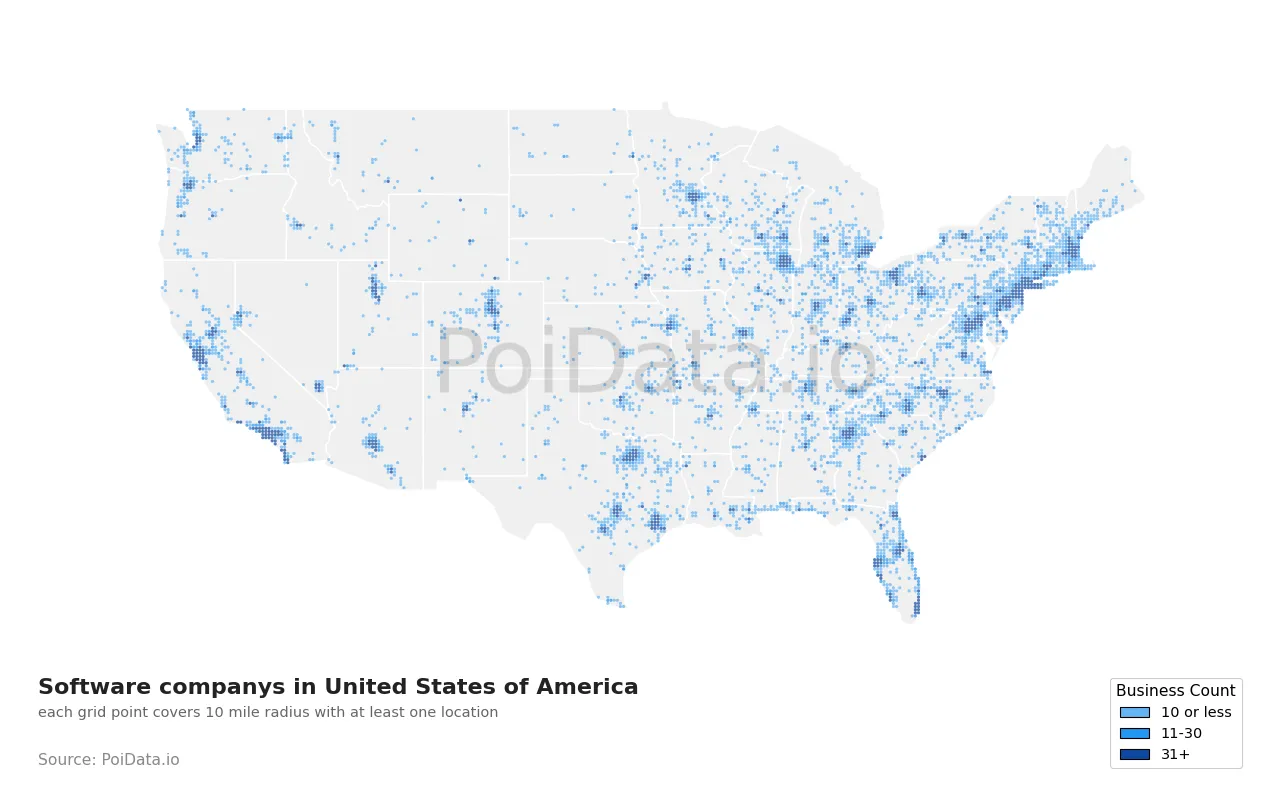 Software company density map for United States