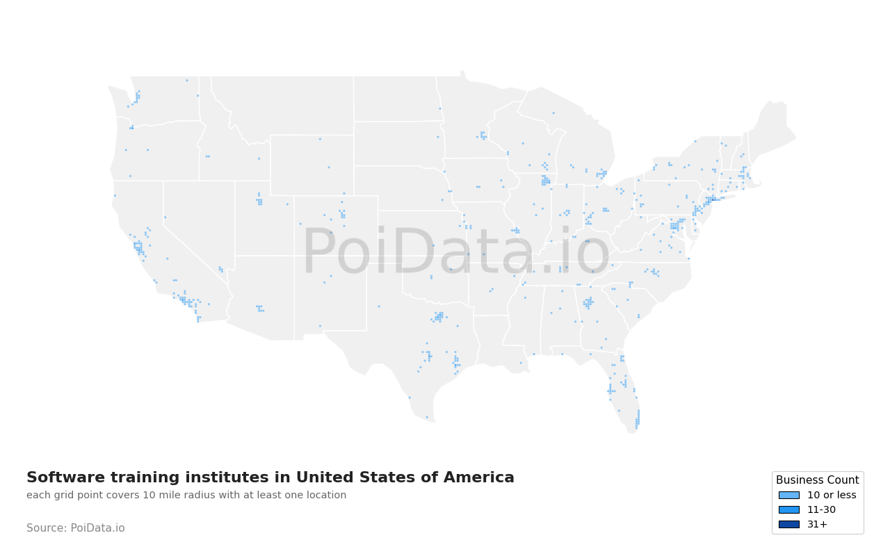 Software training institute density map for United States