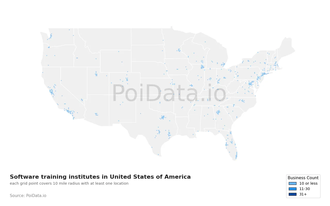 Software training institute density map for United States
