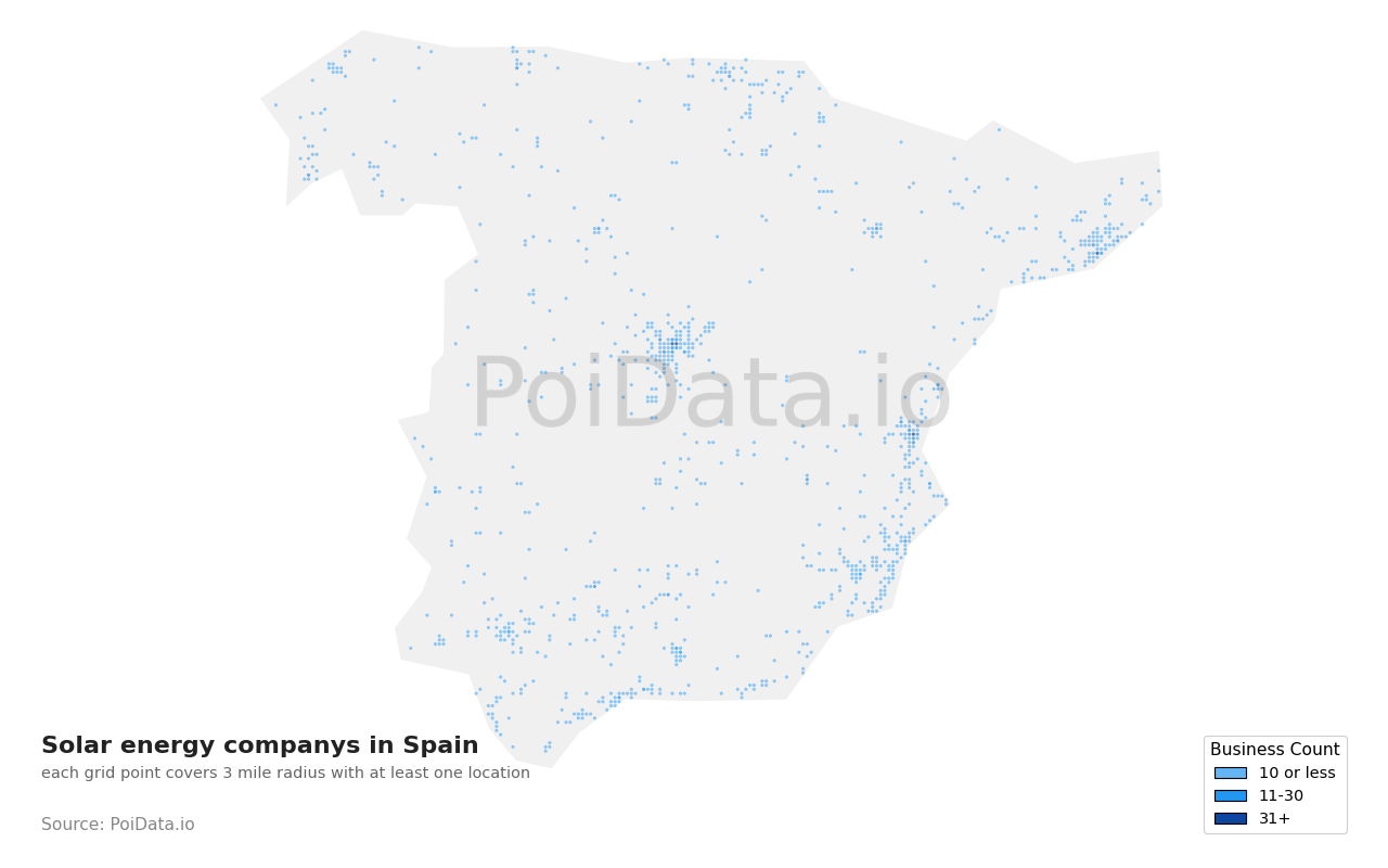 Solar energy company density map for Spain
