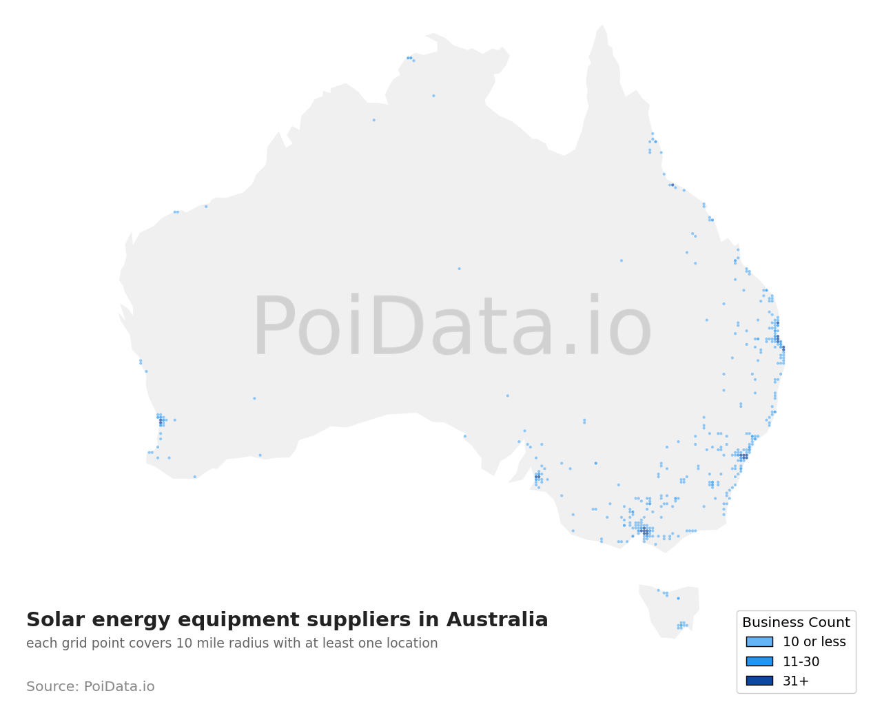 Solar energy equipment supplier density map for Tasmania, Australia