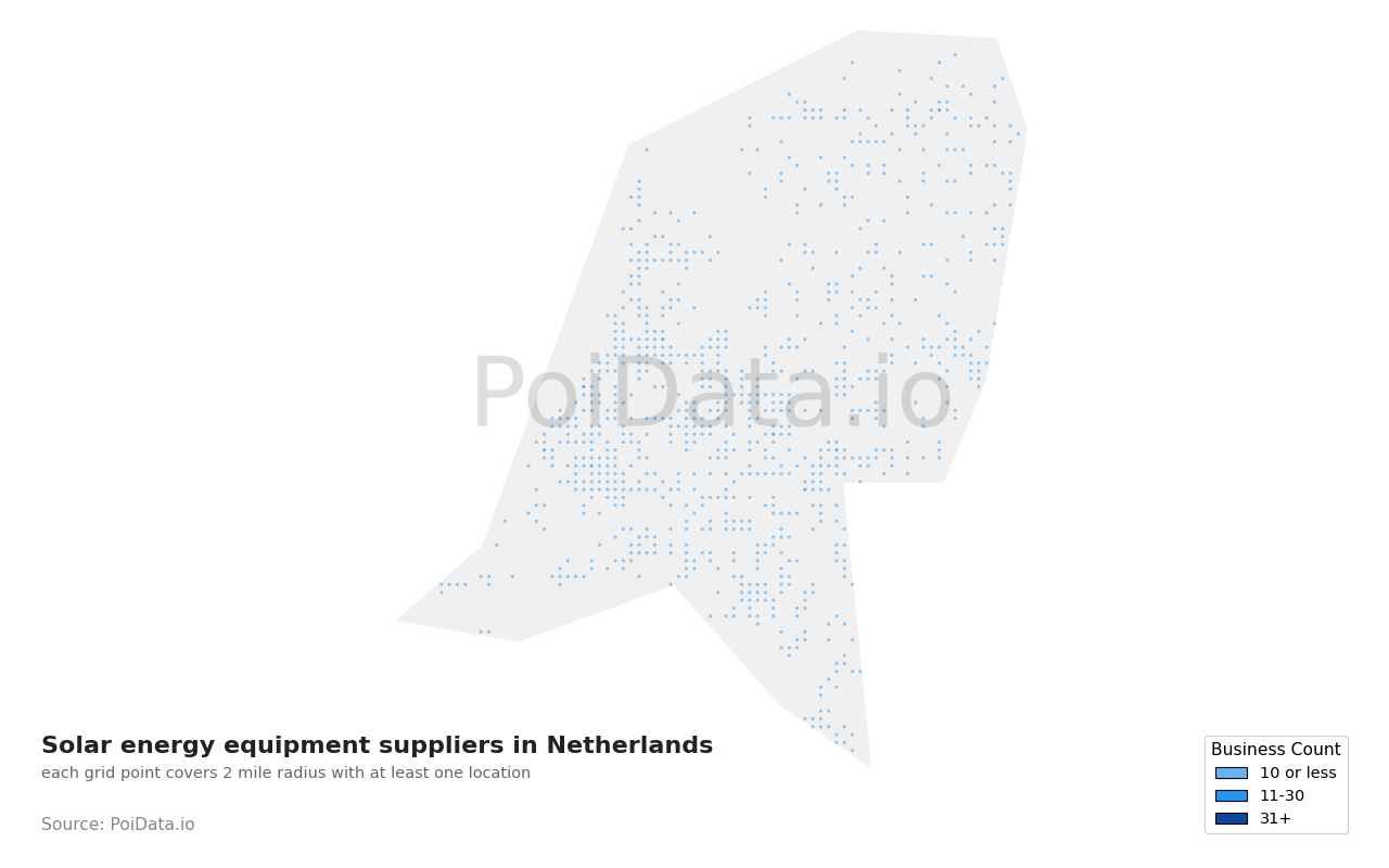 Solar energy equipment supplier density map for Netherlands