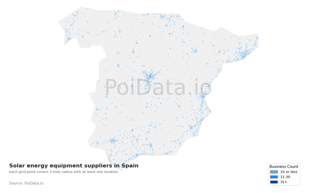 Solar energy equipment supplier density map for Spain