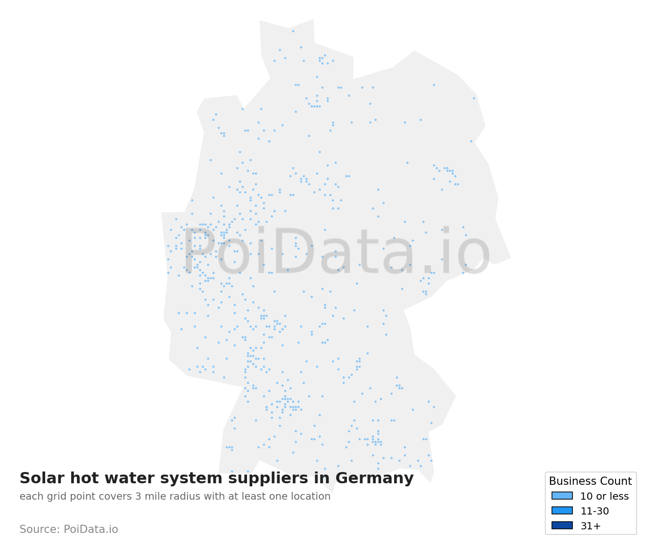 Solar hot water system supplier density map for Germany