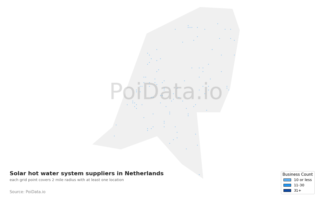 Solar hot water system supplier density map for Netherlands