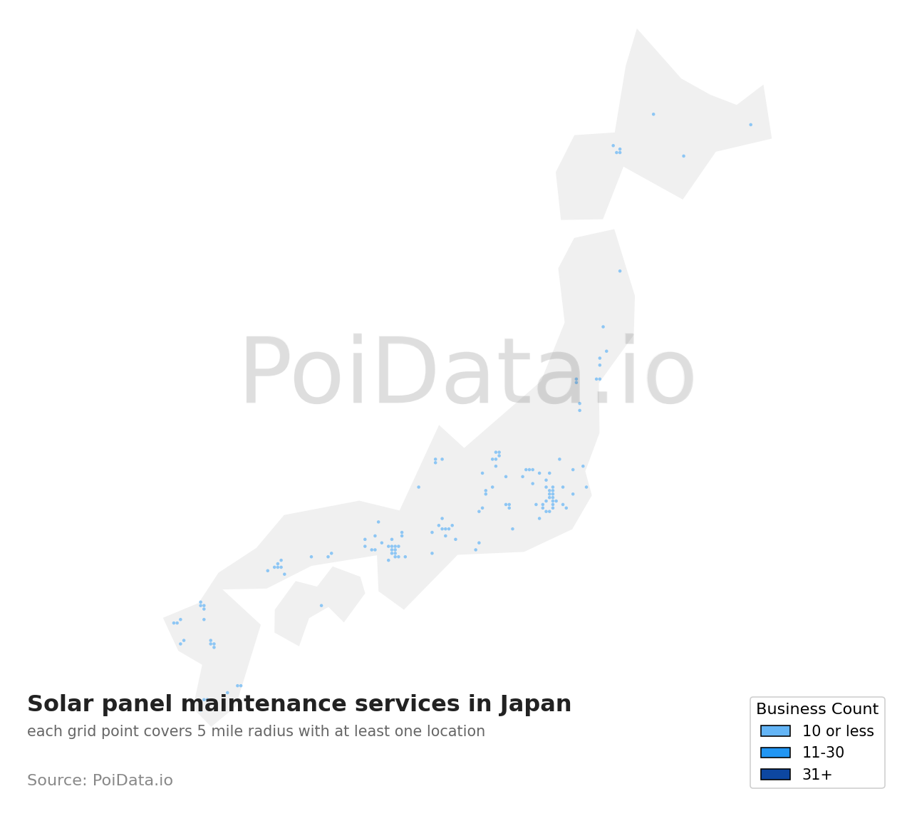 Solar panel maintenance service density map for Japan