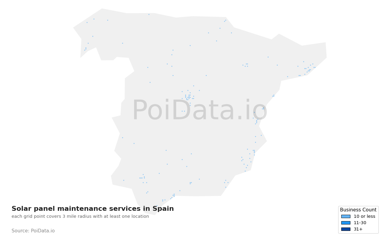 Solar panel maintenance service density map for Spain