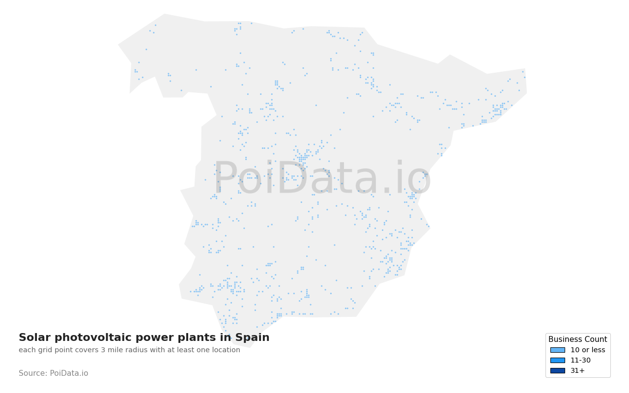 Solar photovoltaic power plant density map for Spain