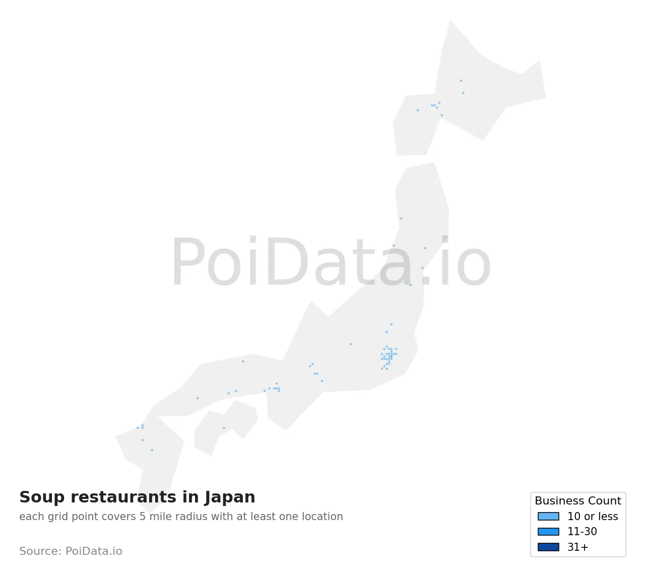 Soup restaurant density map for Japan
