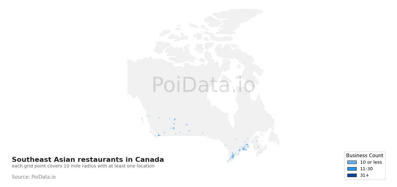 Southeast Asian restaurant density map for Canada