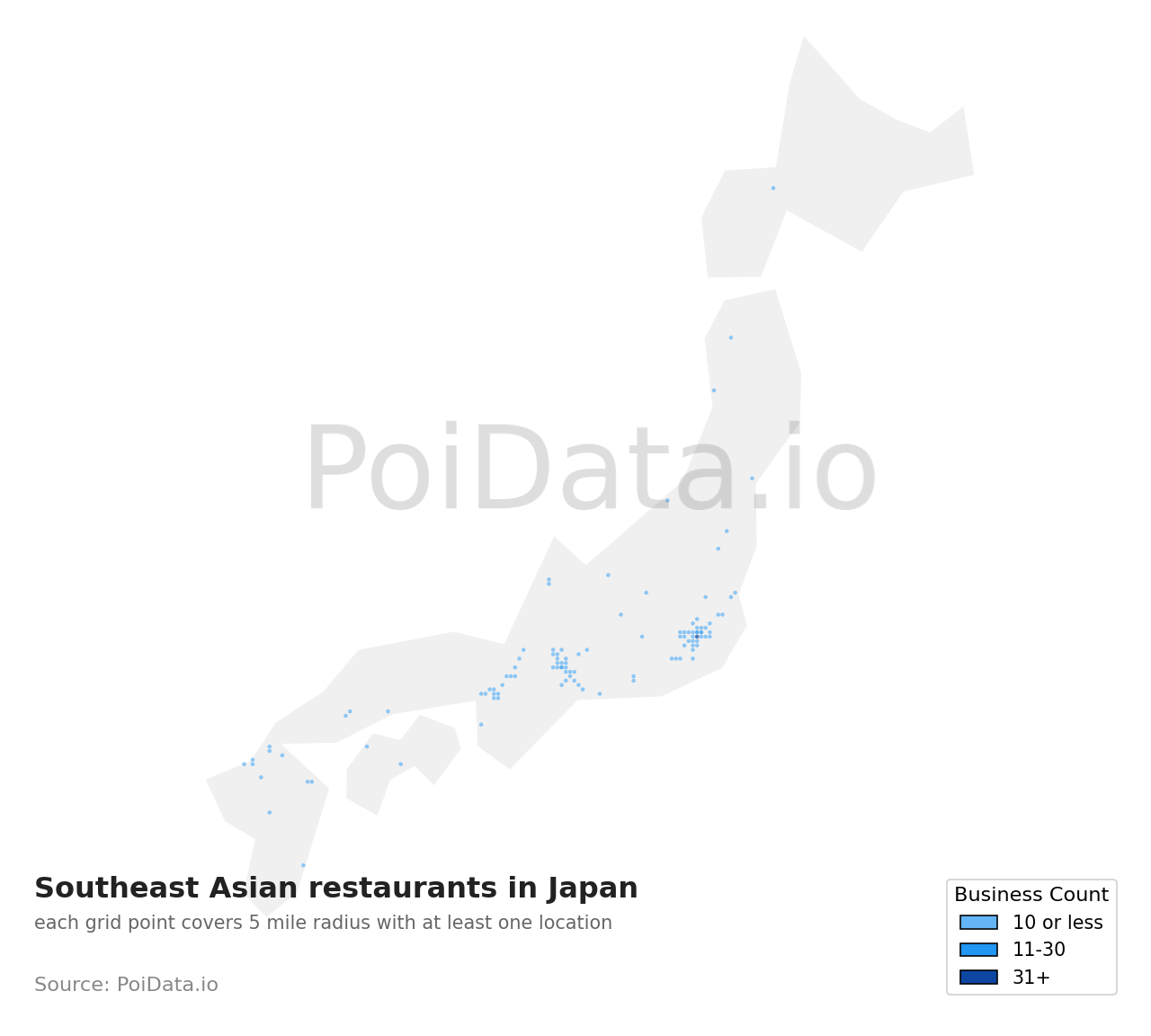 Southeast Asian restaurant density map for Japan