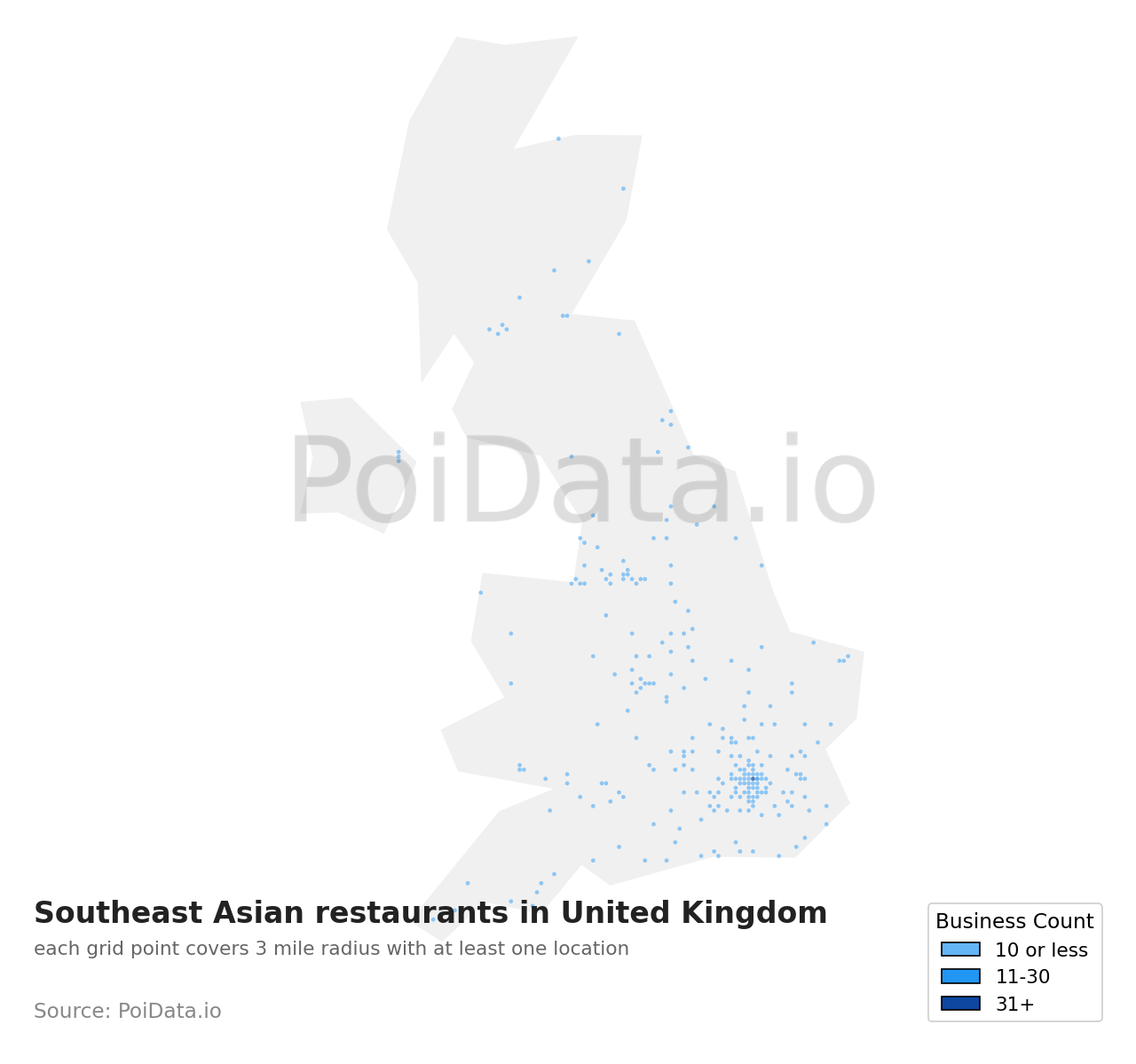 Southeast Asian restaurant density map for United Kingdom